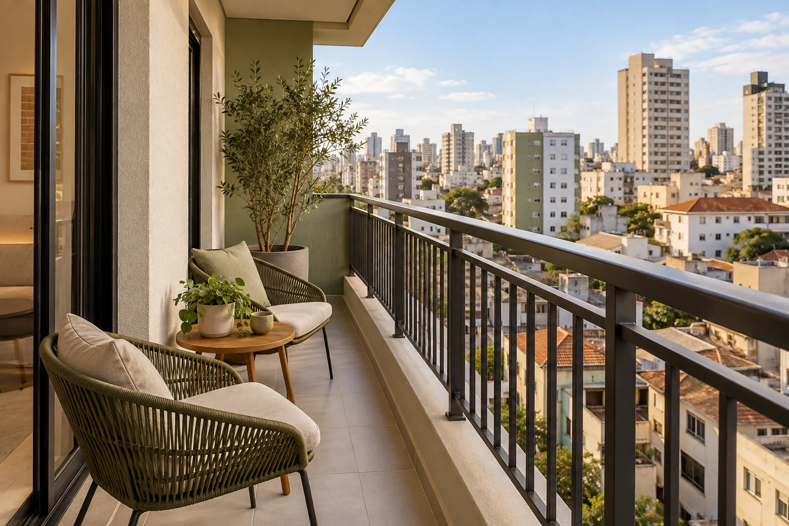 Varanda de apartamento vista de lado, com edifícios do bairro ao fundo